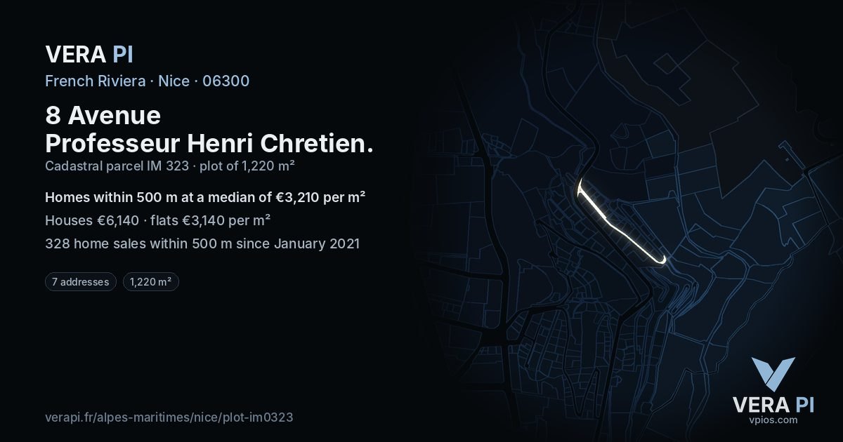 8 Avenue Professeur Henri Chretien, Nice at night – the plot lit, the parcels around coloured by the prices near them
