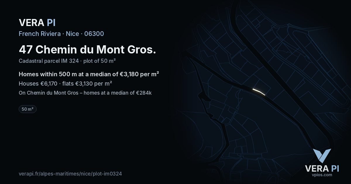 47 Chemin du Mont Gros, Nice at night – the plot lit, the parcels around coloured by the prices near them