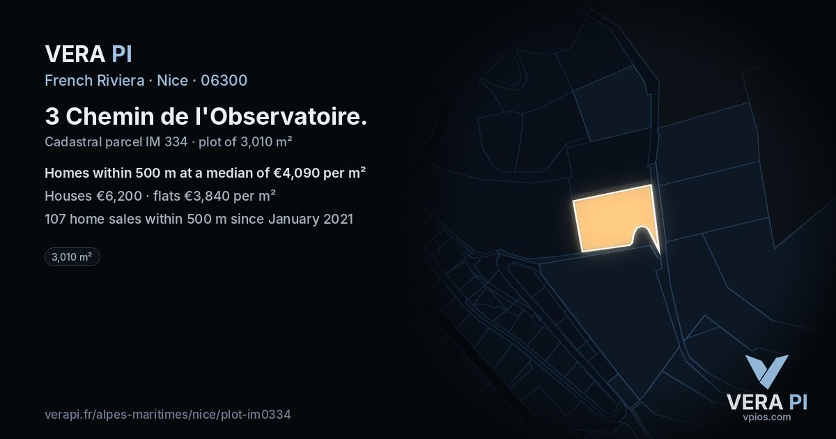 3 Chemin de l'Observatoire, Nice at night – the plot lit, the parcels around coloured by the prices near them