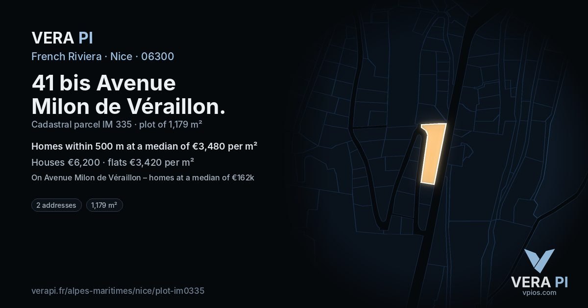 41 bis Avenue Milon de Véraillon, Nice at night – the plot lit, the parcels around coloured by the prices near them