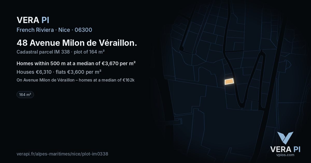 48 Avenue Milon de Véraillon, Nice at night – the plot lit, the parcels around coloured by the prices near them