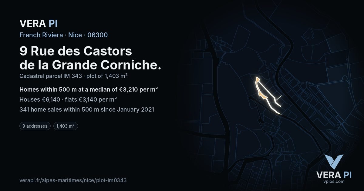 9 Rue des Castors de la Grande Corniche, Nice at night – the plot lit, the parcels around coloured by the prices near them