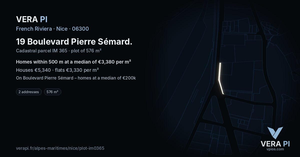 19 Boulevard Pierre Sémard, Nice at night – the plot lit, the parcels around coloured by the prices near them