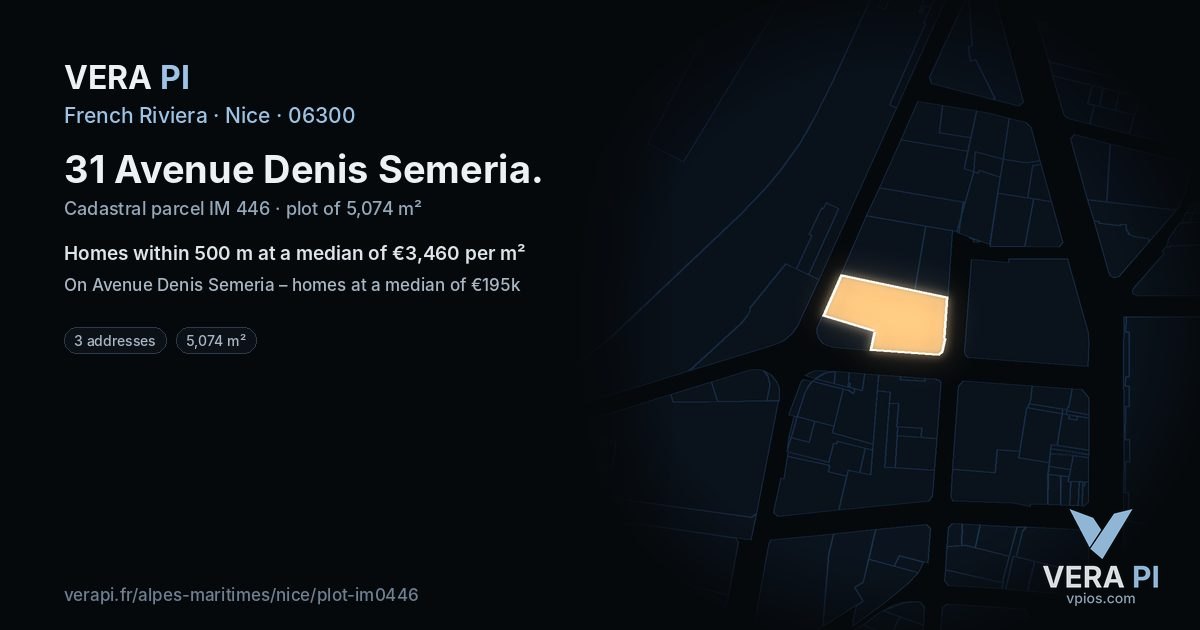 31 Avenue Denis Semeria, Nice at night – the plot lit, the parcels around coloured by the prices near them