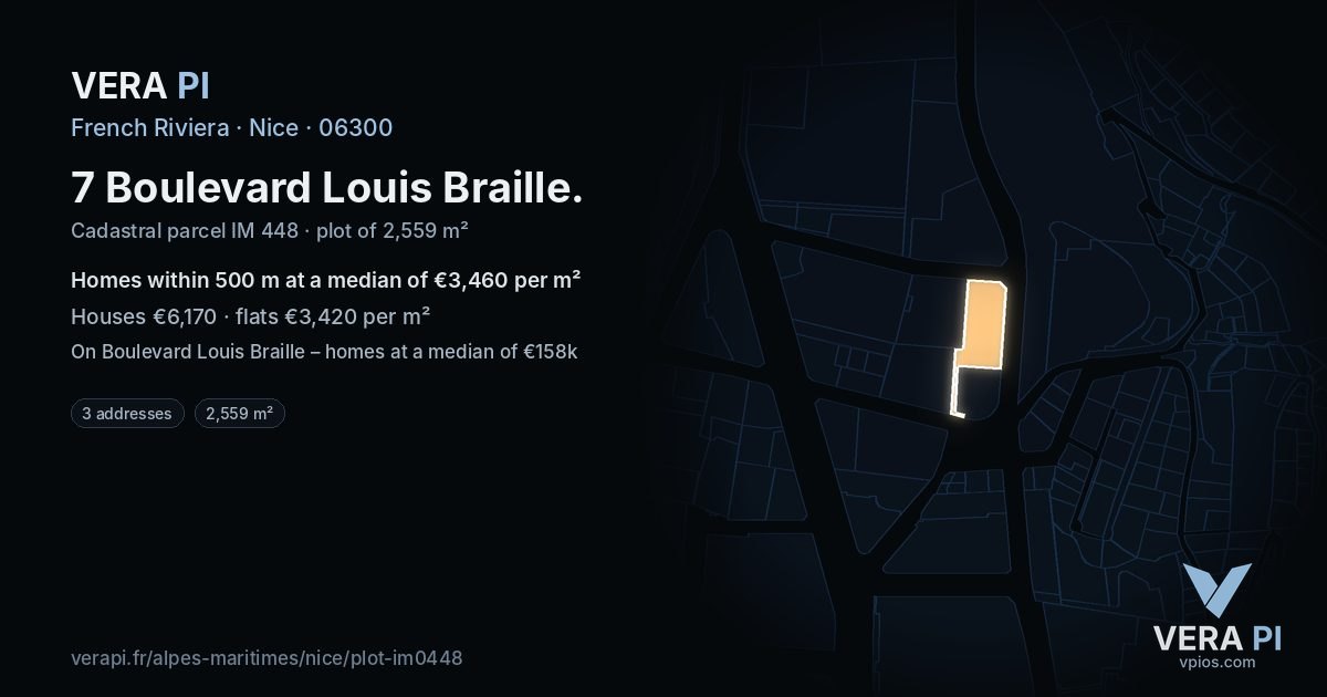 7 Boulevard Louis Braille, Nice at night – the plot lit, the parcels around coloured by the prices near them