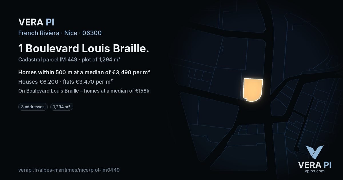 1 Boulevard Louis Braille, Nice at night – the plot lit, the parcels around coloured by the prices near them