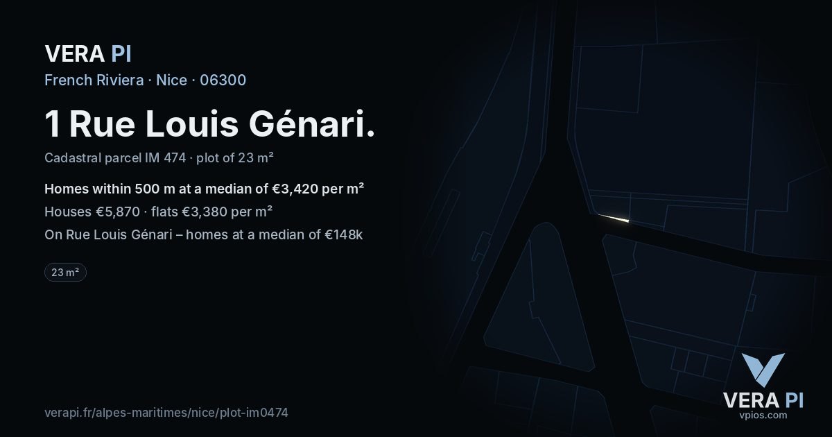 1 Rue Louis Génari, Nice at night – the plot lit, the parcels around coloured by the prices near them