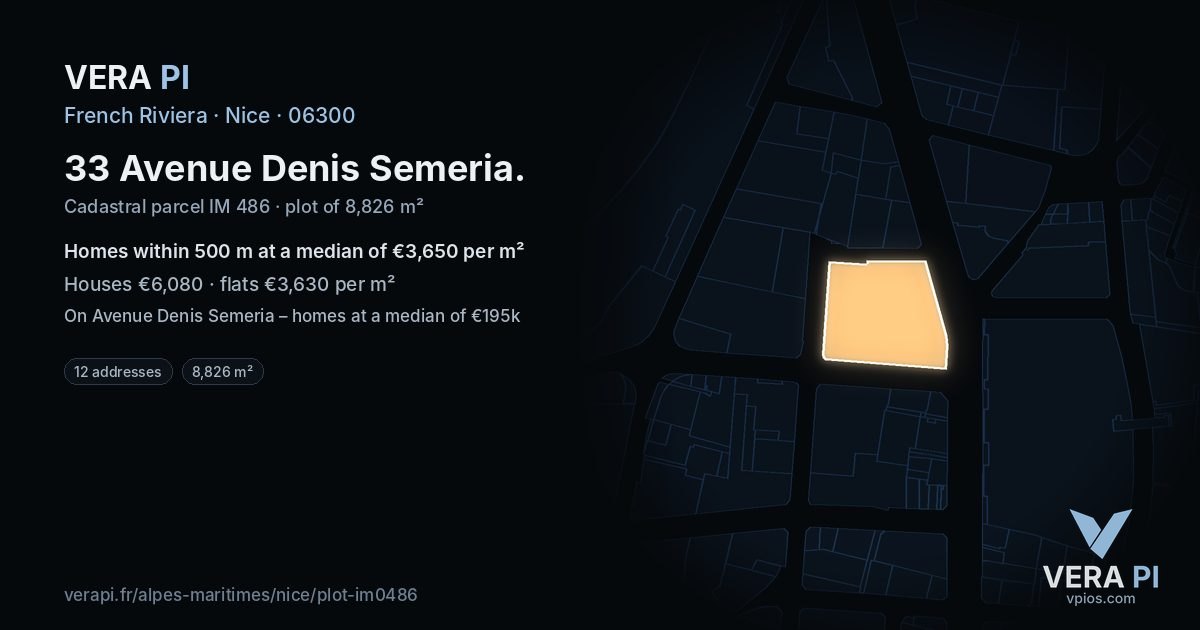 33 Avenue Denis Semeria, Nice at night – the plot lit, the parcels around coloured by the prices near them