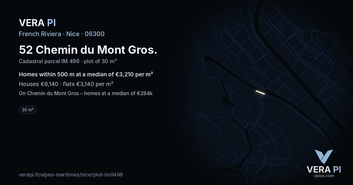 52 Chemin du Mont Gros, Nice at night – the plot lit, the parcels around coloured by the prices near them