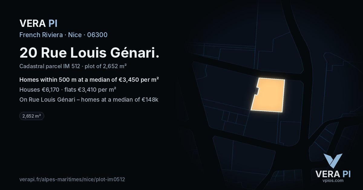20 Rue Louis Génari, Nice at night – the plot lit, the parcels around coloured by the prices near them
