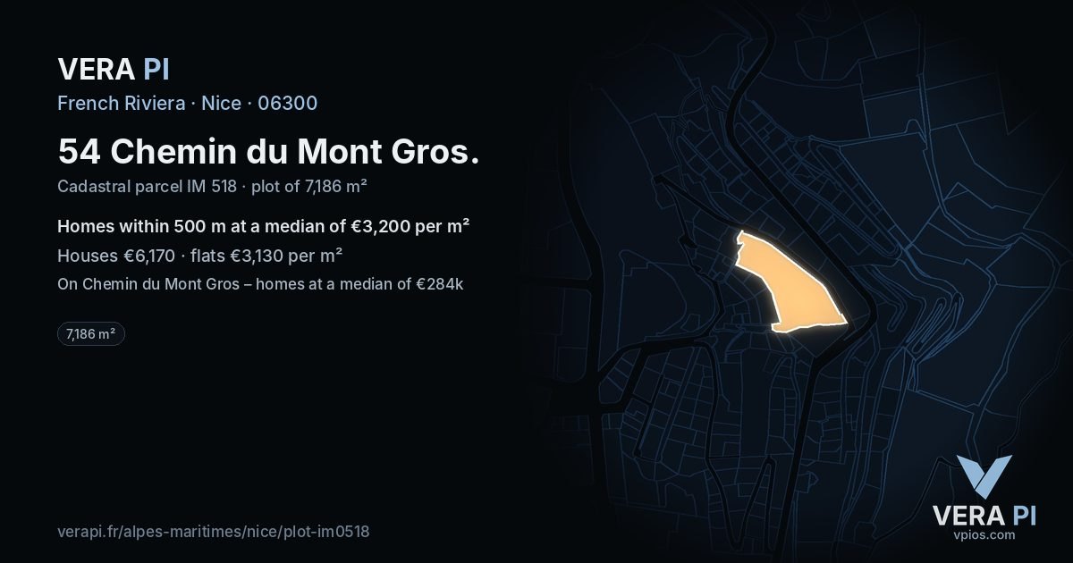54 Chemin du Mont Gros, Nice at night – the plot lit, the parcels around coloured by the prices near them