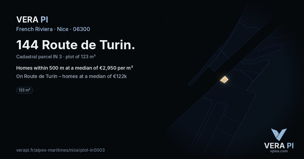 144 Route de Turin, Nice at night – the plot lit, the parcels around coloured by the prices near them