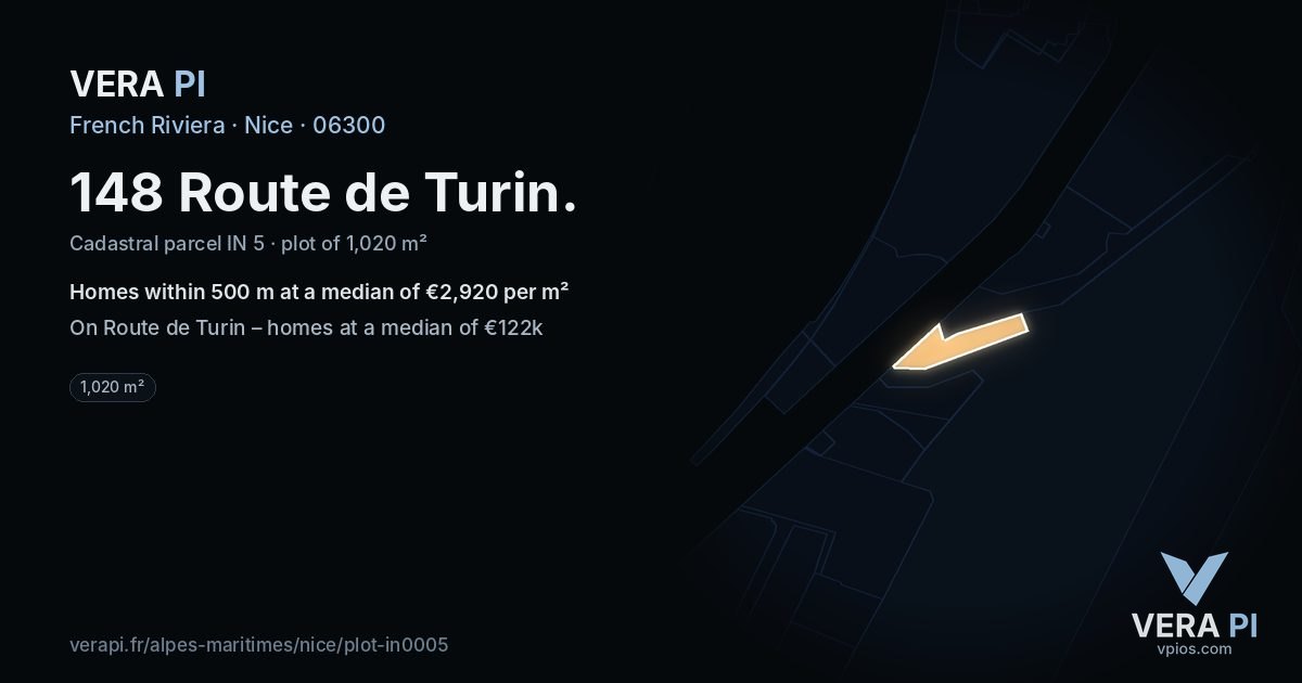 148 Route de Turin, Nice at night – the plot lit, the parcels around coloured by the prices near them