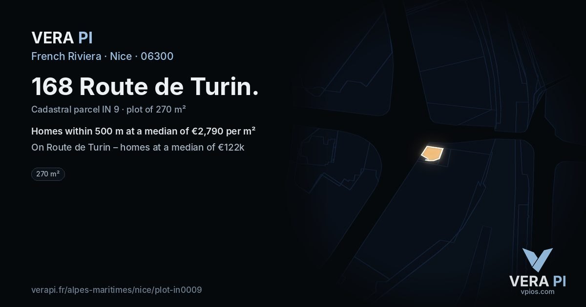 168 Route de Turin, Nice at night – the plot lit, the parcels around coloured by the prices near them