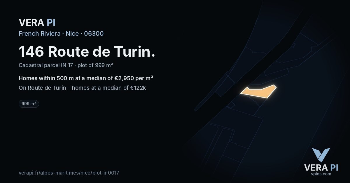 146 Route de Turin, Nice at night – the plot lit, the parcels around coloured by the prices near them