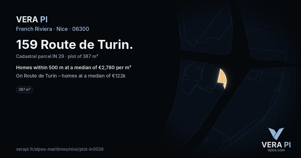 159 Route de Turin, Nice at night – the plot lit, the parcels around coloured by the prices near them