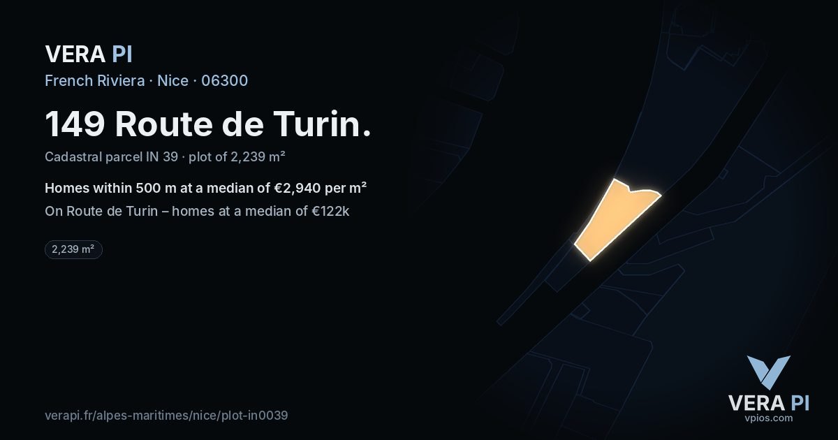 149 Route de Turin, Nice at night – the plot lit, the parcels around coloured by the prices near them