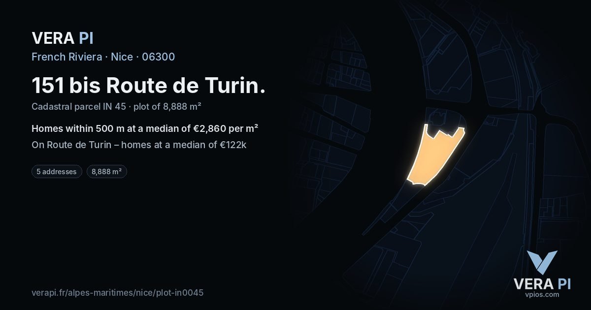 151 bis Route de Turin, Nice at night – the plot lit, the parcels around coloured by the prices near them