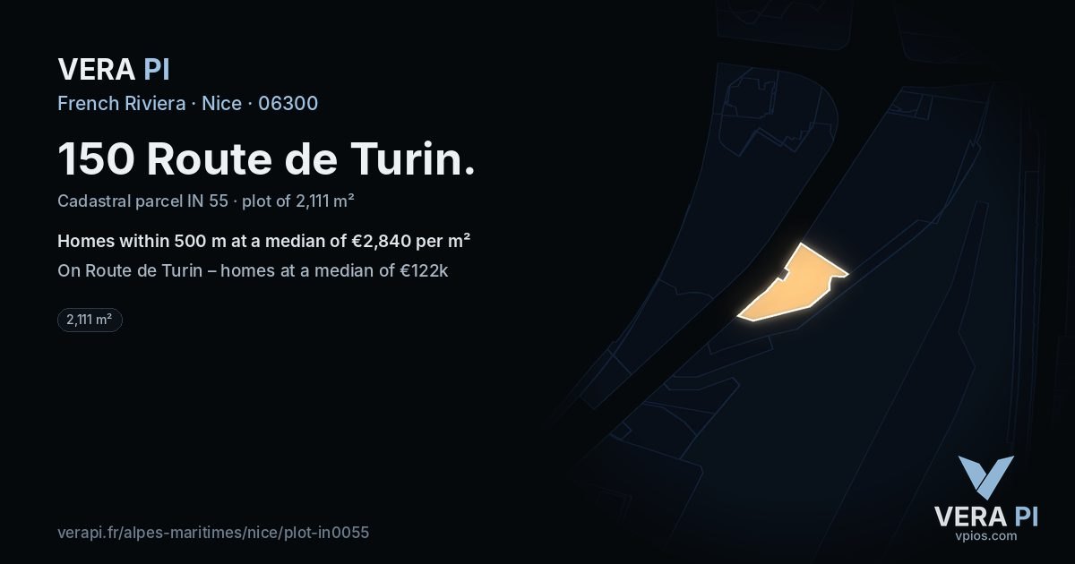 150 Route de Turin, Nice at night – the plot lit, the parcels around coloured by the prices near them