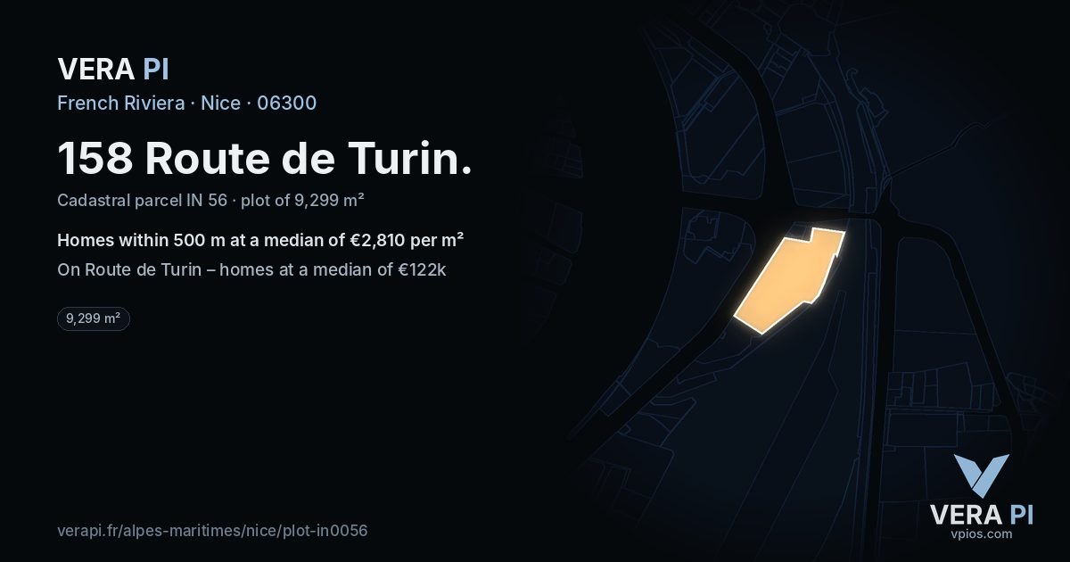 158 Route de Turin, Nice at night – the plot lit, the parcels around coloured by the prices near them