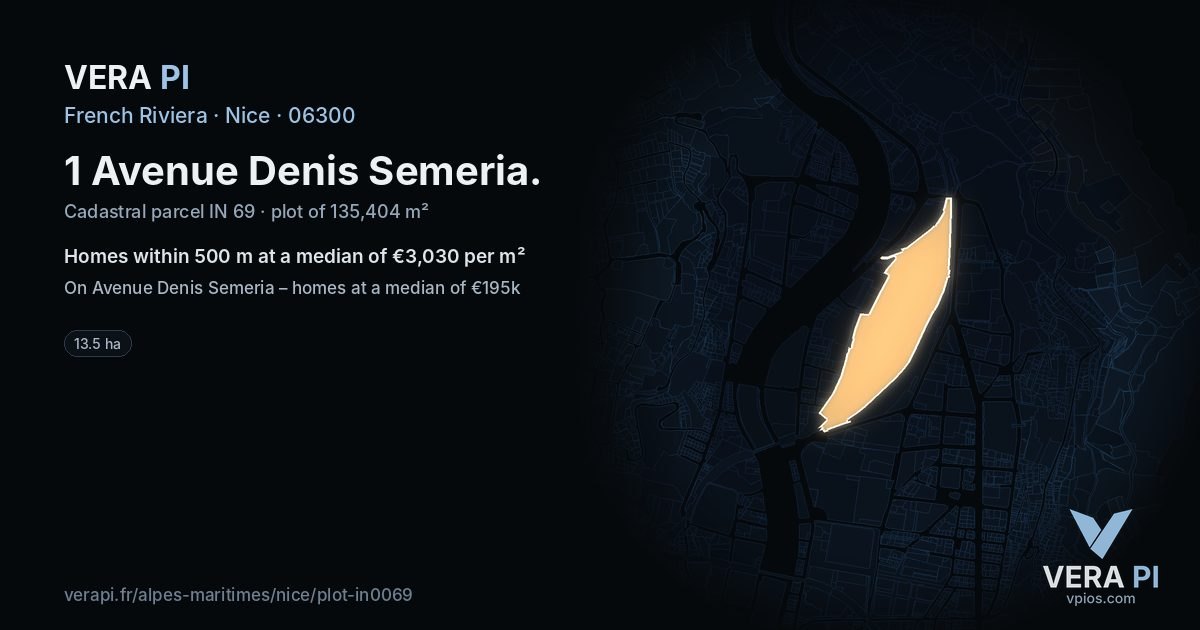 1 Avenue Denis Semeria, Nice at night – the plot lit, the parcels around coloured by the prices near them
