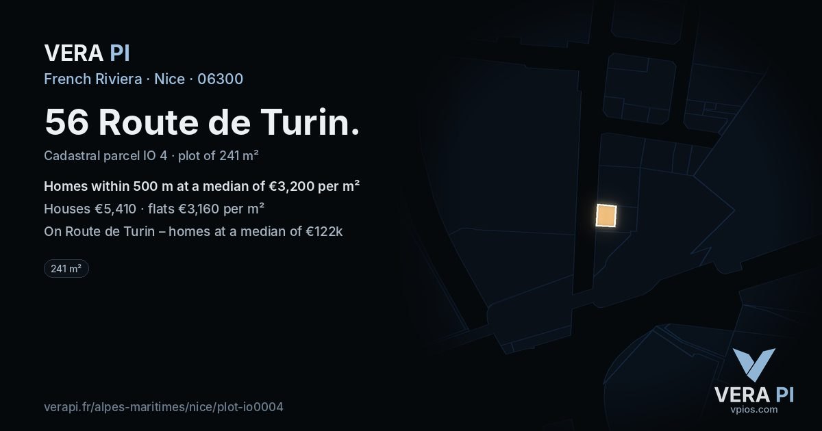 56 Route de Turin, Nice at night – the plot lit, the parcels around coloured by the prices near them