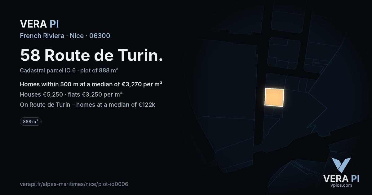 58 Route de Turin, Nice at night – the plot lit, the parcels around coloured by the prices near them