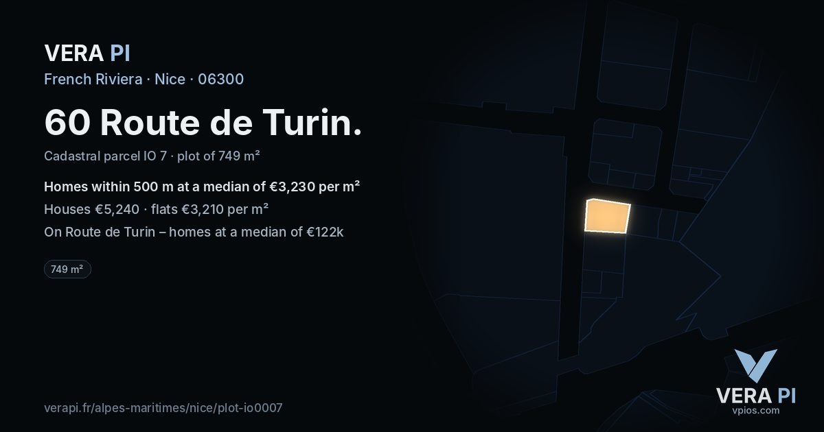 60 Route de Turin, Nice at night – the plot lit, the parcels around coloured by the prices near them