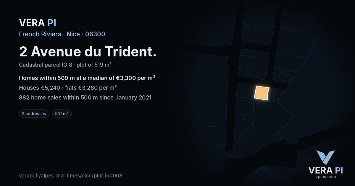 2 Avenue du Trident, Nice at night – the plot lit, the parcels around coloured by the prices near them