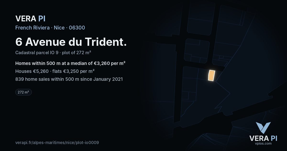 6 Avenue du Trident, Nice at night – the plot lit, the parcels around coloured by the prices near them