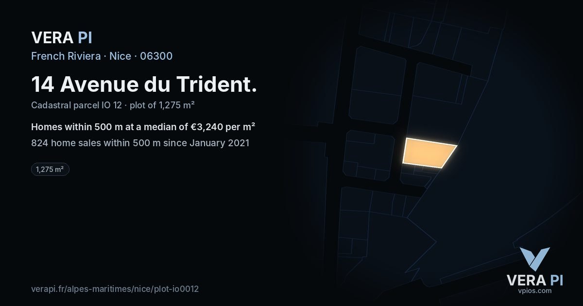 14 Avenue du Trident, Nice at night – the plot lit, the parcels around coloured by the prices near them