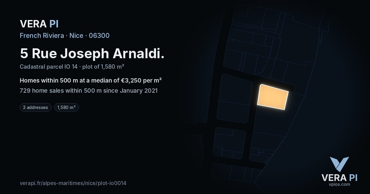 5 Rue Joseph Arnaldi, Nice at night – the plot lit, the parcels around coloured by the prices near them