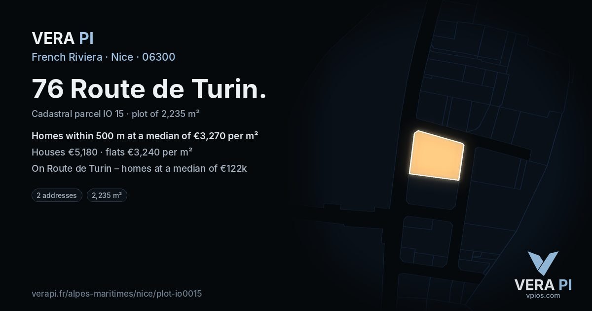 76 Route de Turin, Nice at night – the plot lit, the parcels around coloured by the prices near them