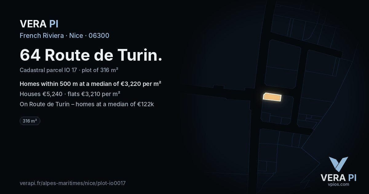 64 Route de Turin, Nice at night – the plot lit, the parcels around coloured by the prices near them