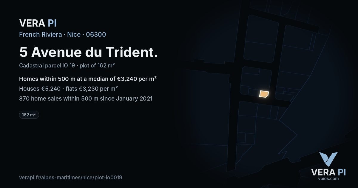 5 Avenue du Trident, Nice at night – the plot lit, the parcels around coloured by the prices near them