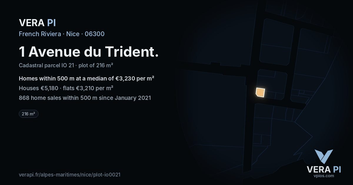 1 Avenue du Trident, Nice at night – the plot lit, the parcels around coloured by the prices near them
