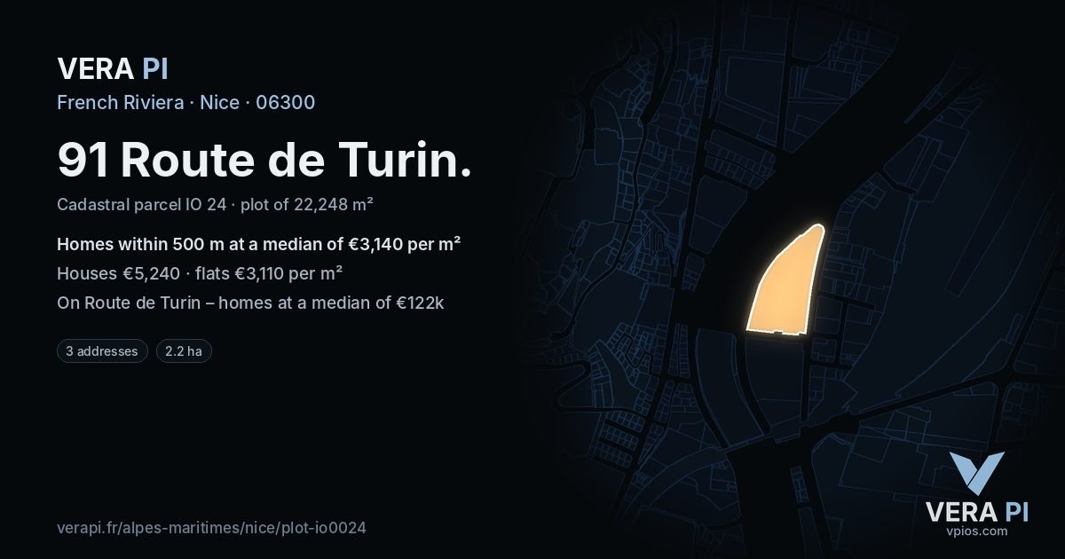 91 Route de Turin, Nice at night – the plot lit, the parcels around coloured by the prices near them