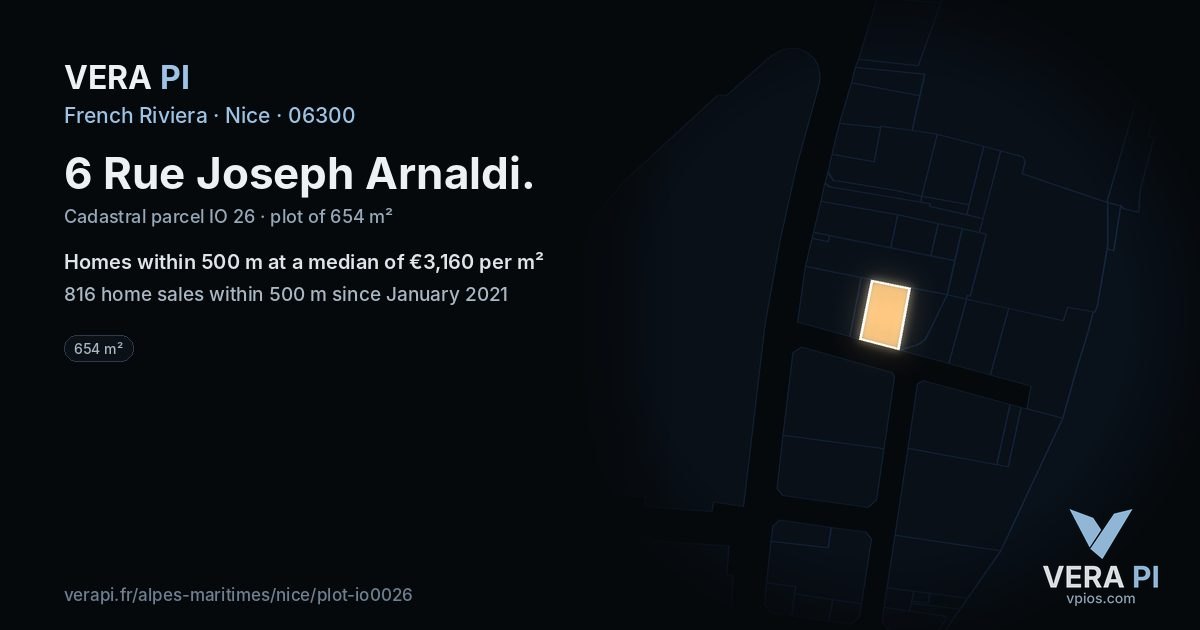 6 Rue Joseph Arnaldi, Nice at night – the plot lit, the parcels around coloured by the prices near them