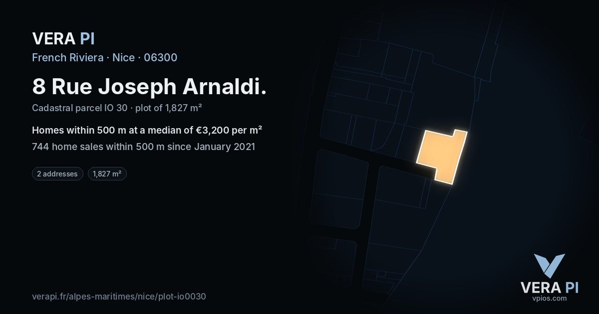 8 Rue Joseph Arnaldi, Nice at night – the plot lit, the parcels around coloured by the prices near them