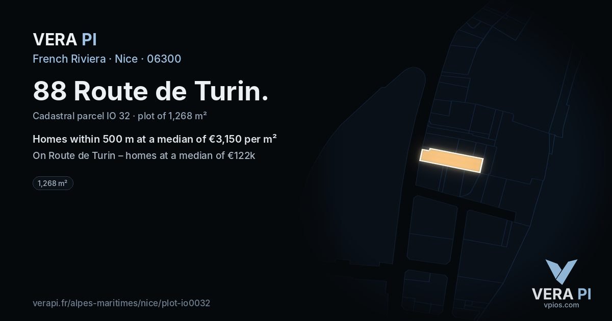 88 Route de Turin, Nice at night – the plot lit, the parcels around coloured by the prices near them