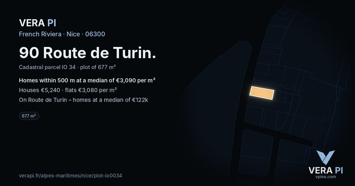 90 Route de Turin, Nice at night – the plot lit, the parcels around coloured by the prices near them