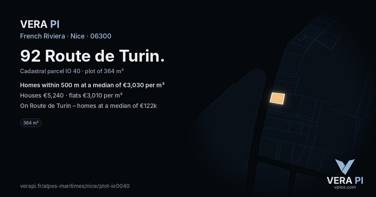 92 Route de Turin, Nice at night – the plot lit, the parcels around coloured by the prices near them