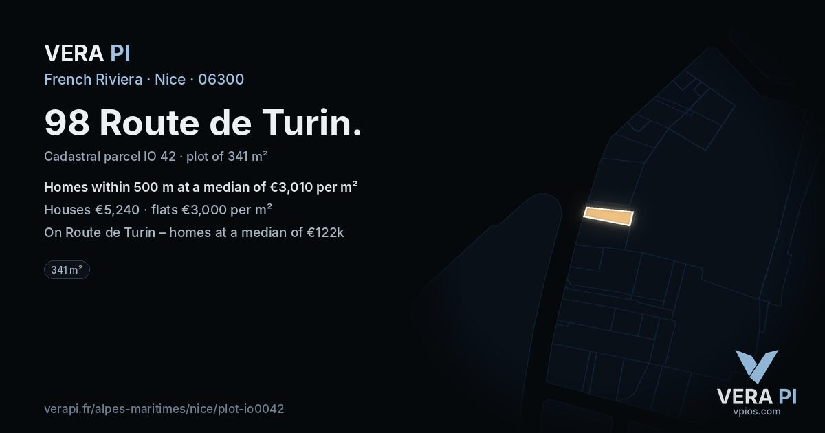 98 Route de Turin, Nice at night – the plot lit, the parcels around coloured by the prices near them
