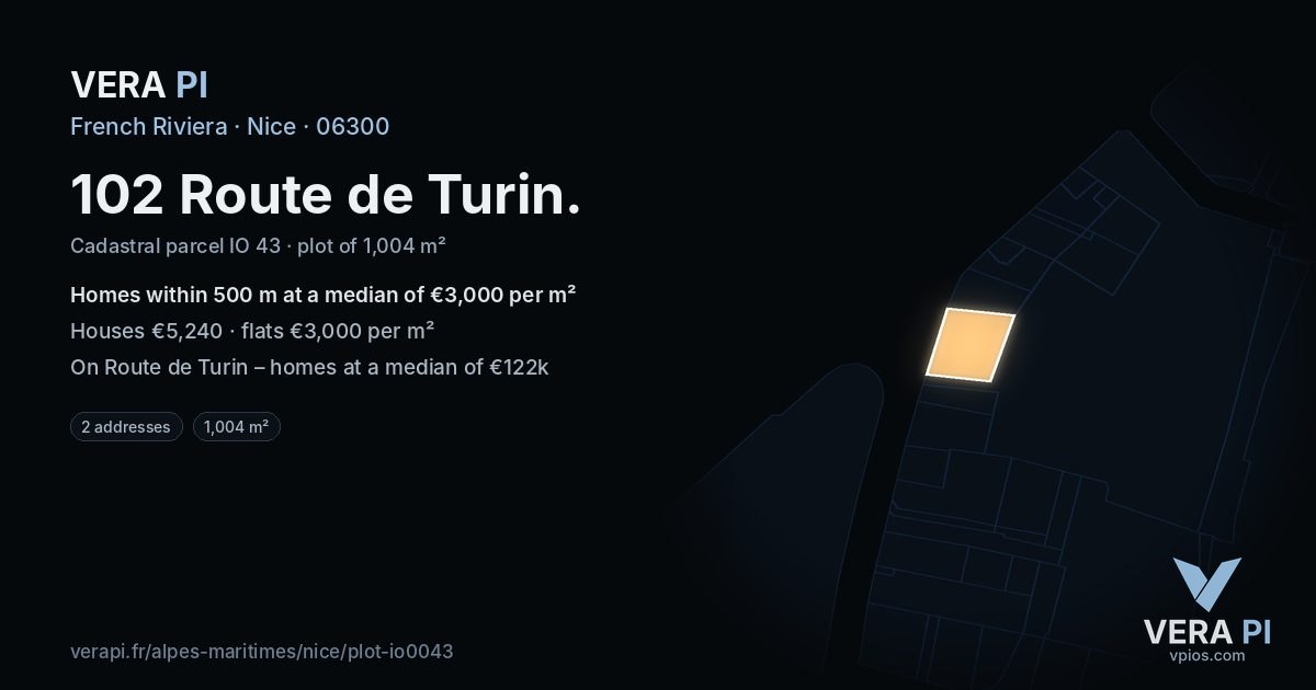 102 Route de Turin, Nice at night – the plot lit, the parcels around coloured by the prices near them