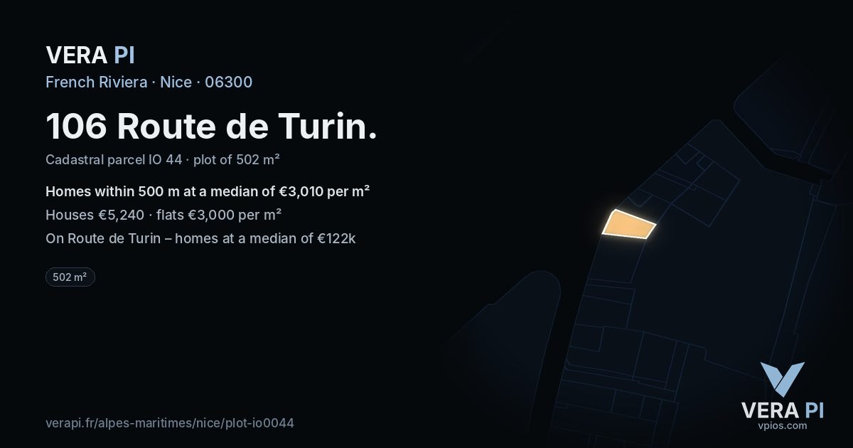 106 Route de Turin, Nice at night – the plot lit, the parcels around coloured by the prices near them
