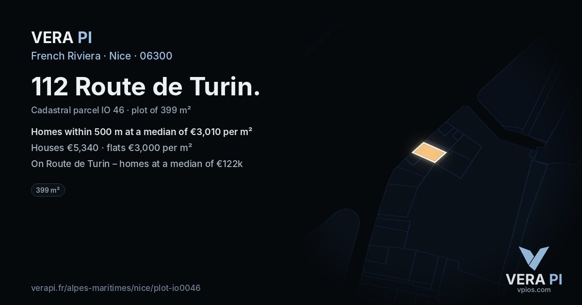 112 Route de Turin, Nice at night – the plot lit, the parcels around coloured by the prices near them