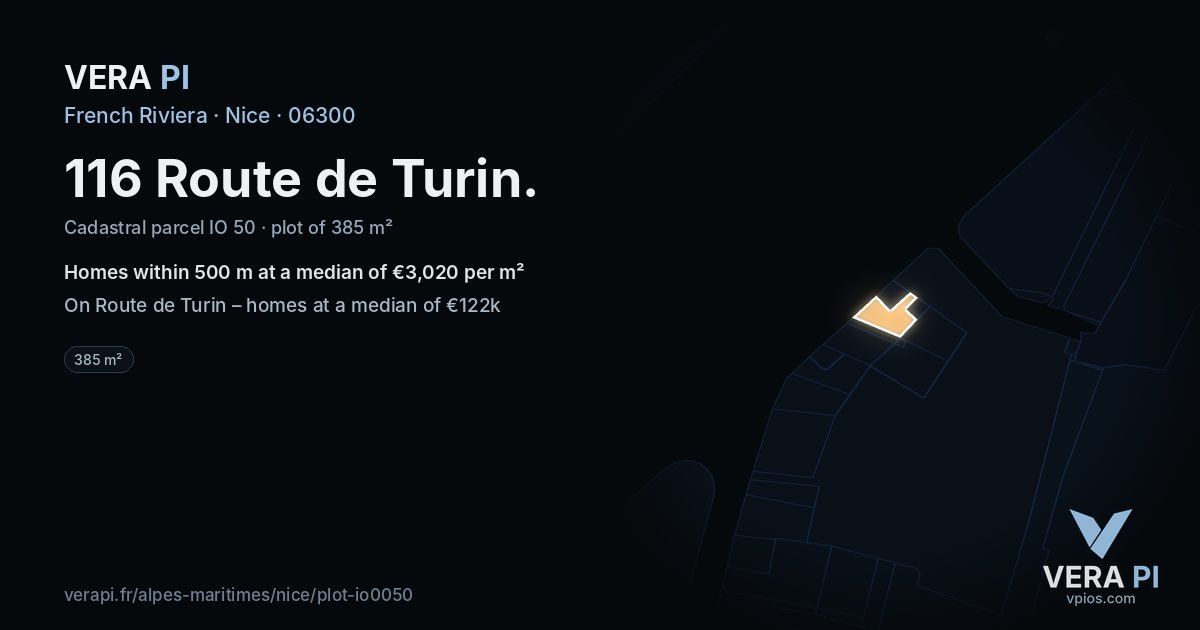 116 Route de Turin, Nice at night – the plot lit, the parcels around coloured by the prices near them