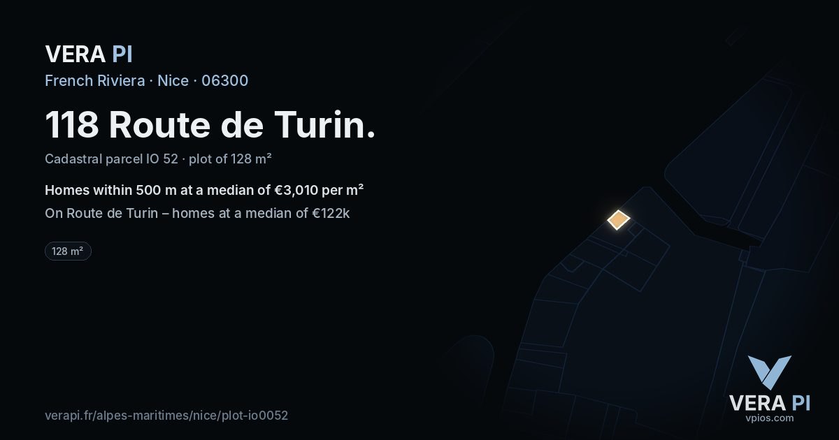 118 Route de Turin, Nice at night – the plot lit, the parcels around coloured by the prices near them