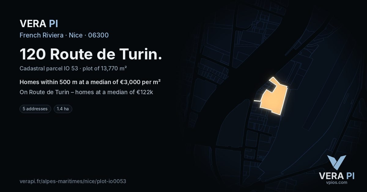120 Route de Turin, Nice at night – the plot lit, the parcels around coloured by the prices near them