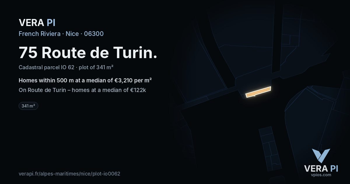 75 Route de Turin, Nice at night – the plot lit, the parcels around coloured by the prices near them